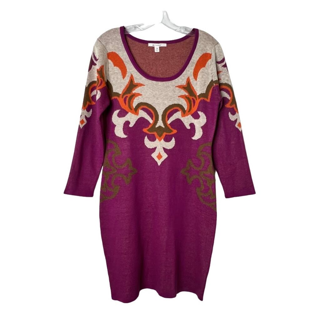 Francesca's Mi Ami Long Sleeve Knit Sweater Dress Purple Cream Womens Medium
